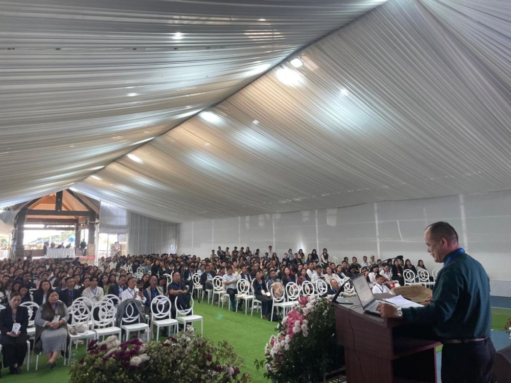 NBCC General Secretary Rev Dr Mar Pongener addresses the gathering during the one-day school conference in Kohima on October 20. Participants are seen in the background. (Photo Courtesy:  NBCC)